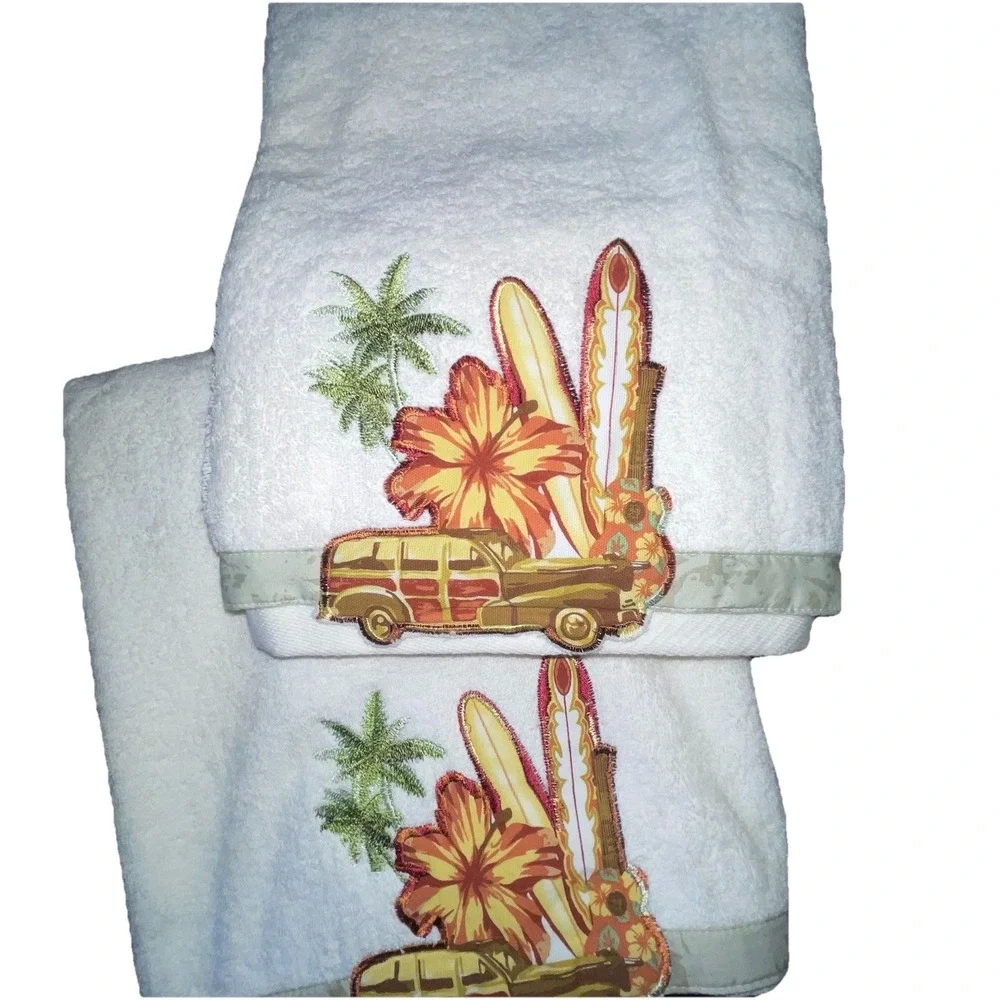 NWT White Bath Wash Hand Towels Woody Surf Wagon Palm Trees Tropical Set of 6